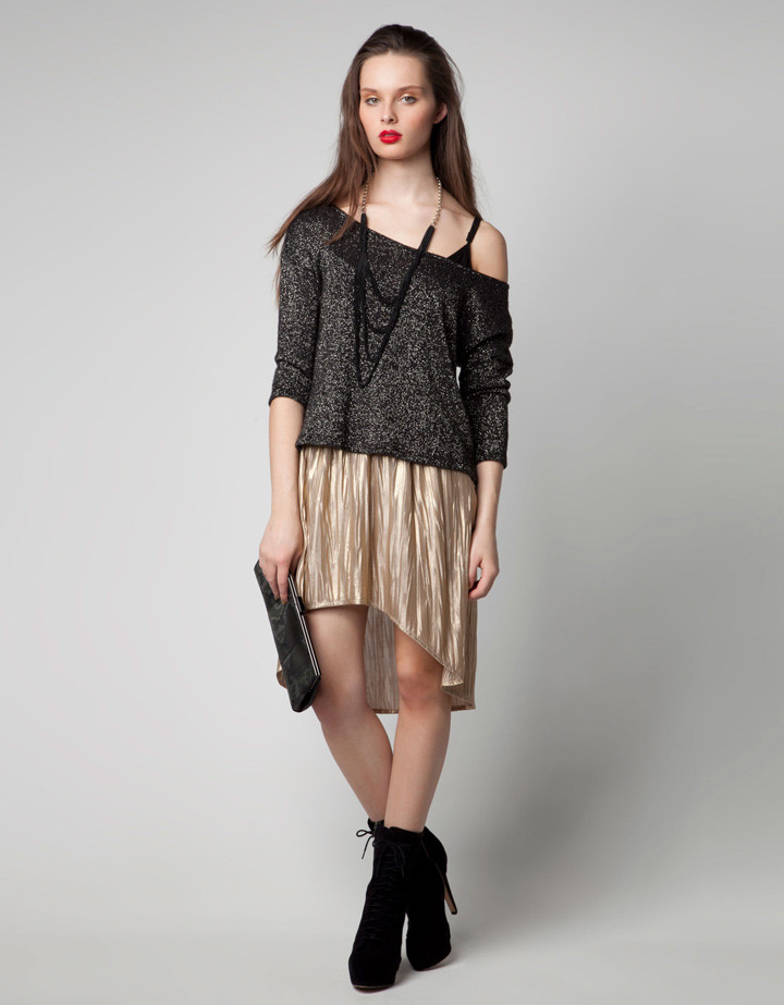 Gold Pleated Asymmetric Dress Bershka