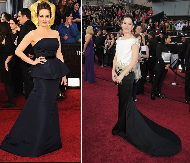 Tina Fey - Carolina Herrera || Sandra Bullock - Marchesa