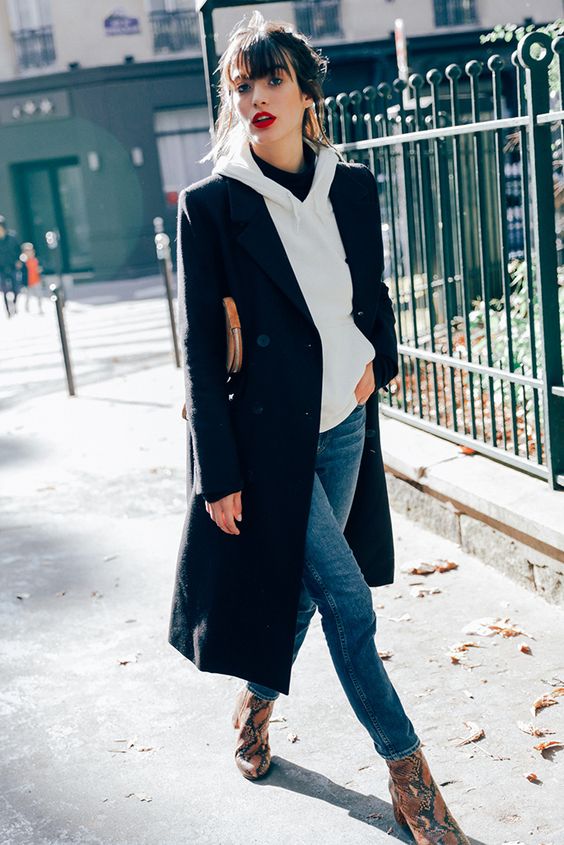 coat and booties hoodie outfit