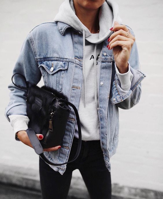 denim jacket and hoodie outfit